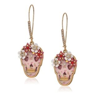 Betsey Johnson Sugar Skull Drop Earrings Rhinestone Floral  NWT